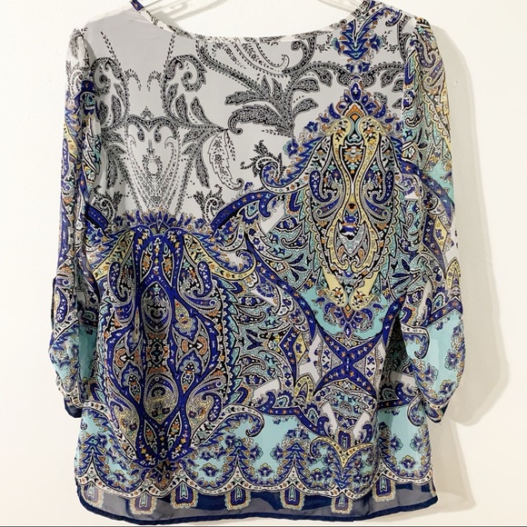 Milano Paisley Print Scoop Neck Peasant Blouse Adjustable Sleeves Gathering - Picture 5 of 7